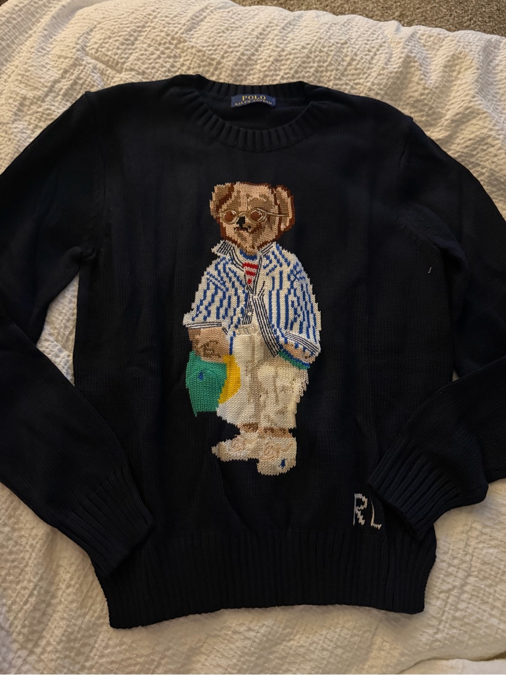 Polo by Ralph Lauren Navy Bear Intarsia Crewneck Sweater with Multicolor Bear